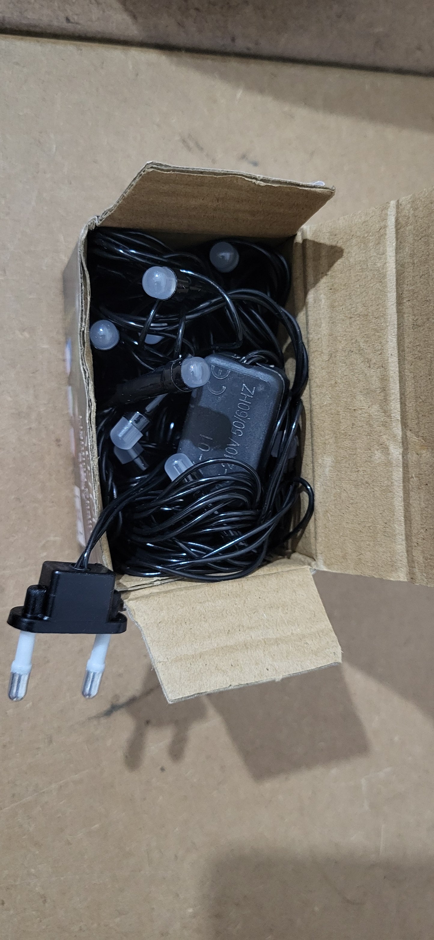 String lights with adapter and plug inside a cardboard box on a brown surface